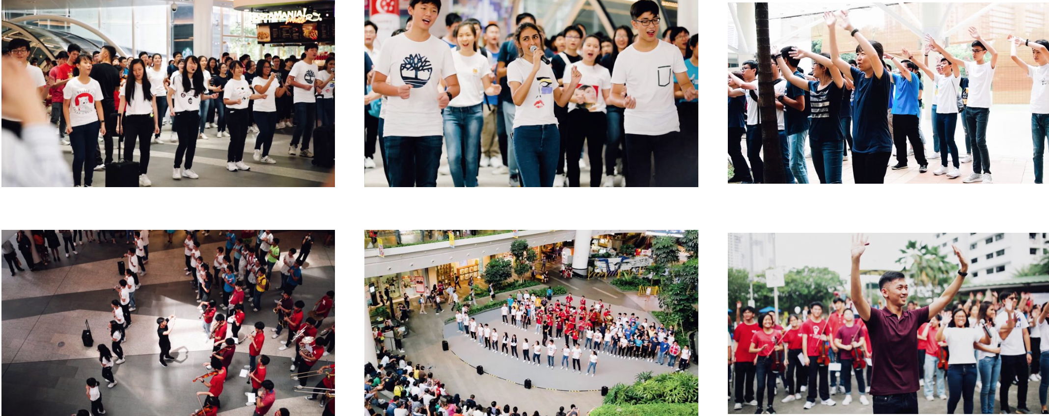 Six photos of a large group of young people performing a flash mob in white and red shirts at a public venue.